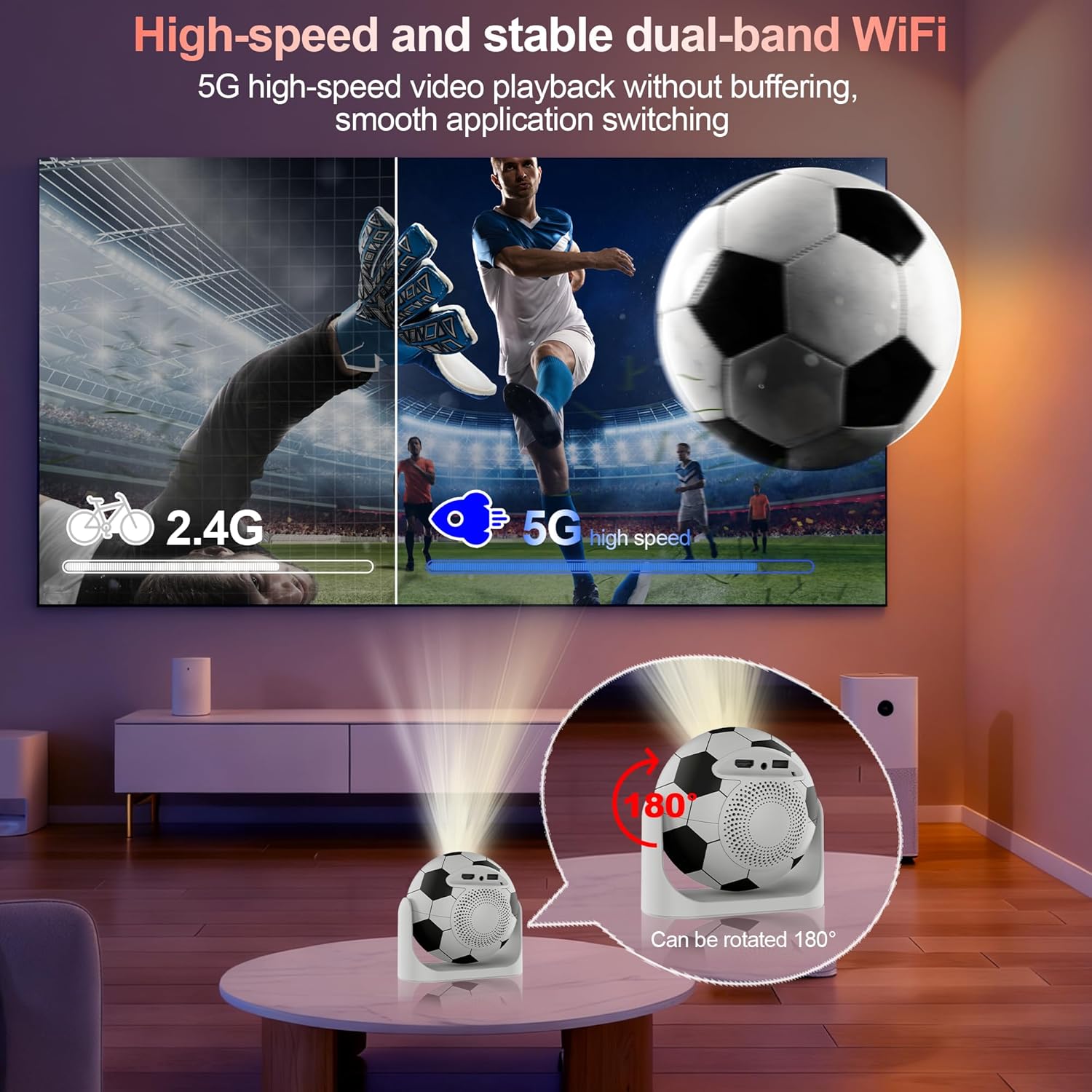 Smart Mini Projector 4K | WiFi + Bluetooth | 1080P resolution, 180° adjustable auto focus, smart keystone voice control